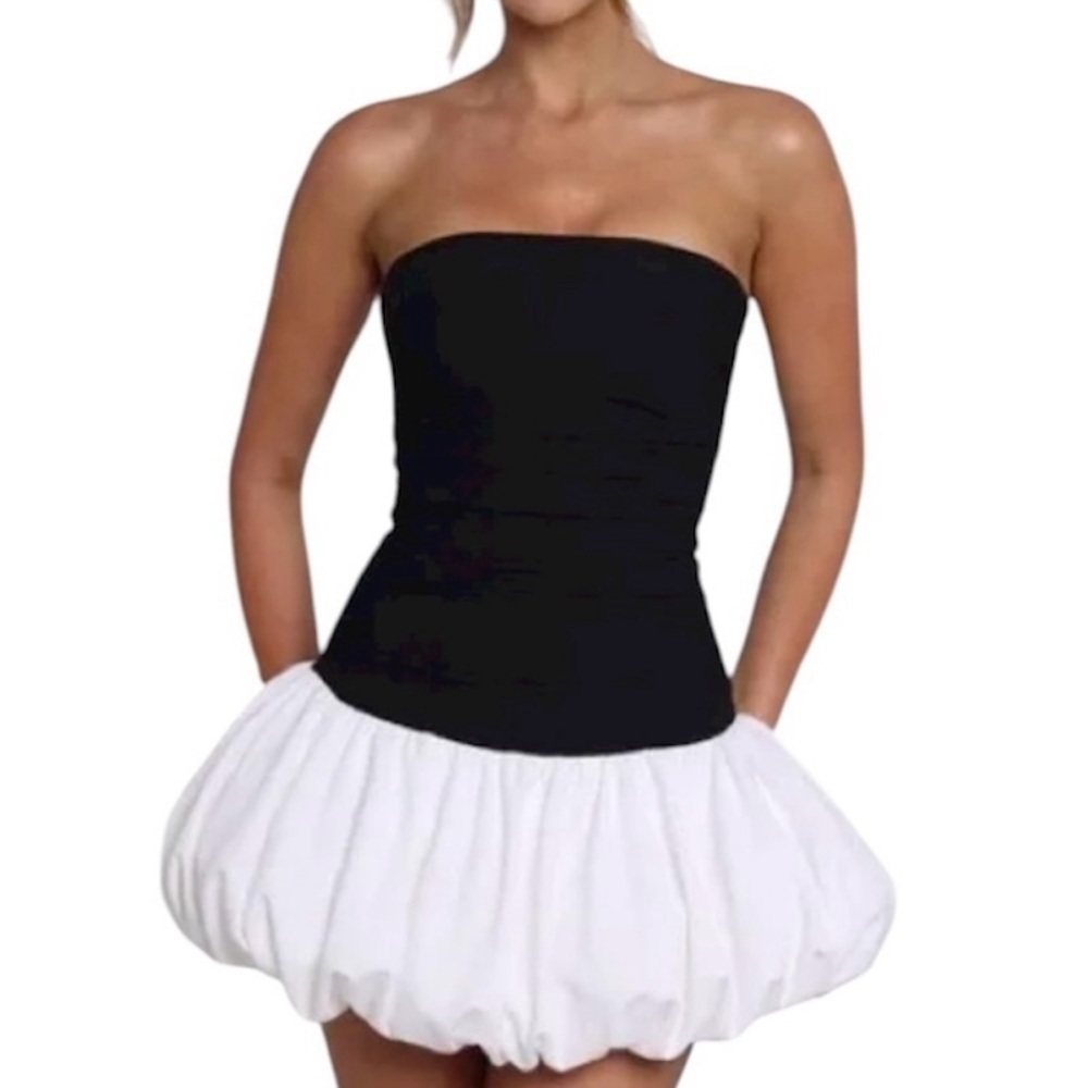 NEW REVOLVE X CAMILA COELHO Strapless Mix Media Bubble Hem Mini Dress